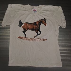 Vintage Horse Shirt Equestrian Graphic Tee 90s Cotton Sally Klein Tan USA Large